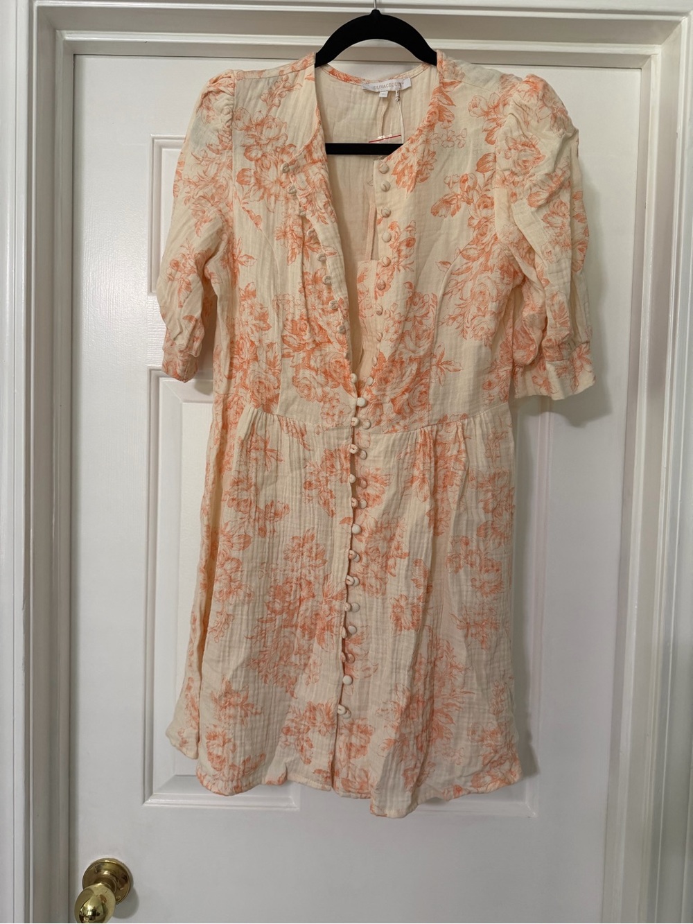 Cream Mini Dress with Peach Floral Print and Button Front
